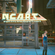 Un straphanger se tient à l'extérieur d'un ascenseur vers une station NCART à Night City dans Cyberpunk 2077.